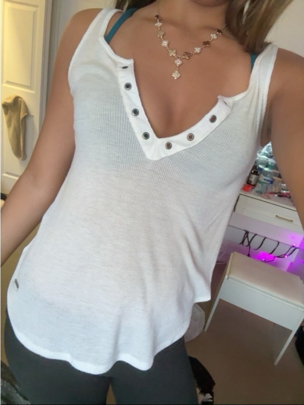 Abercrombie & Fitch White Ribbed Henley Tank with Snap Placket